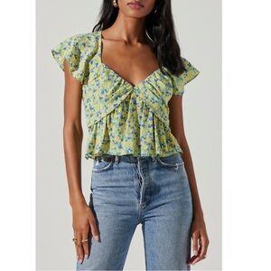 ASTR The Label Floral Print Flutter Sleeve Peplum Top Blue Yellow Floral